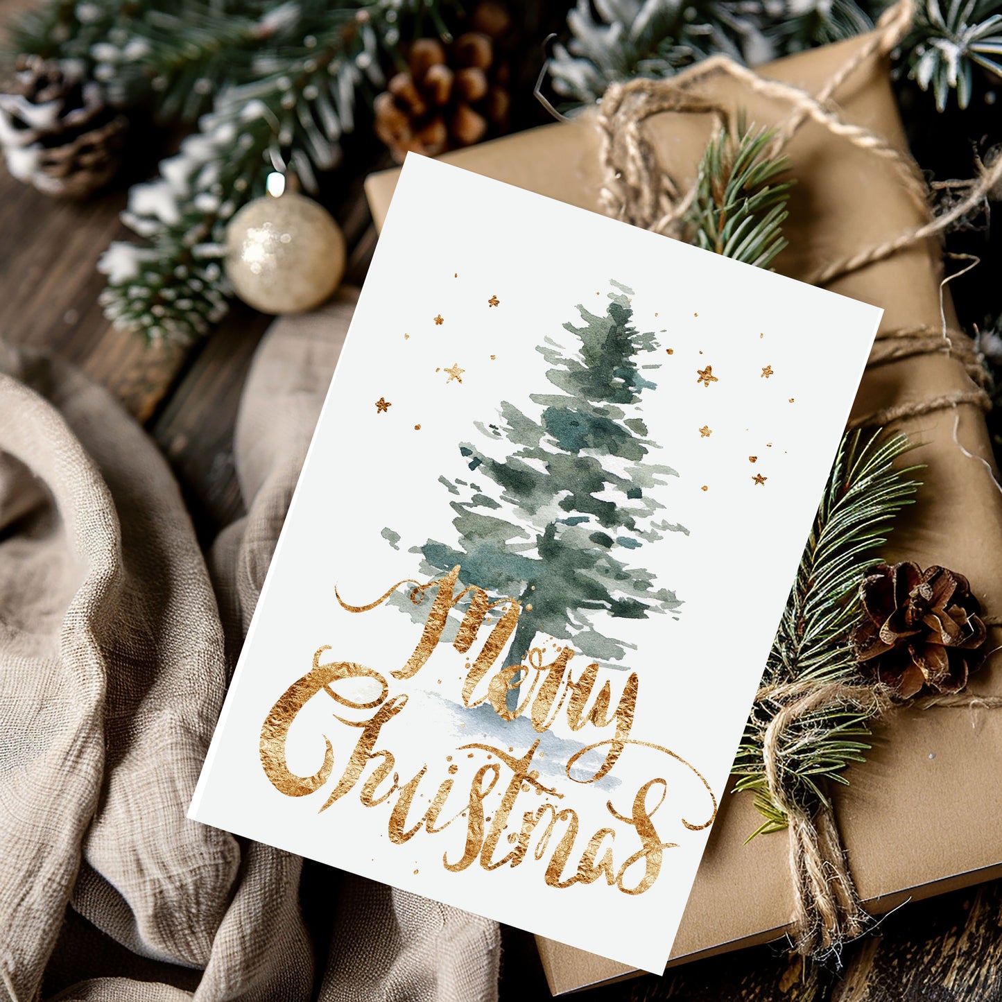Watercolor Christmas Tree with Gold Font Greeting Card