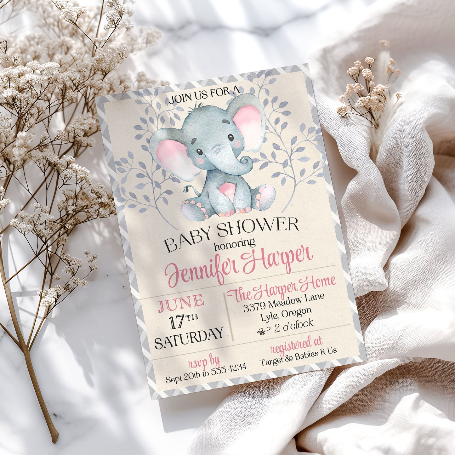 Pink Elephant Baby Shower Invitation