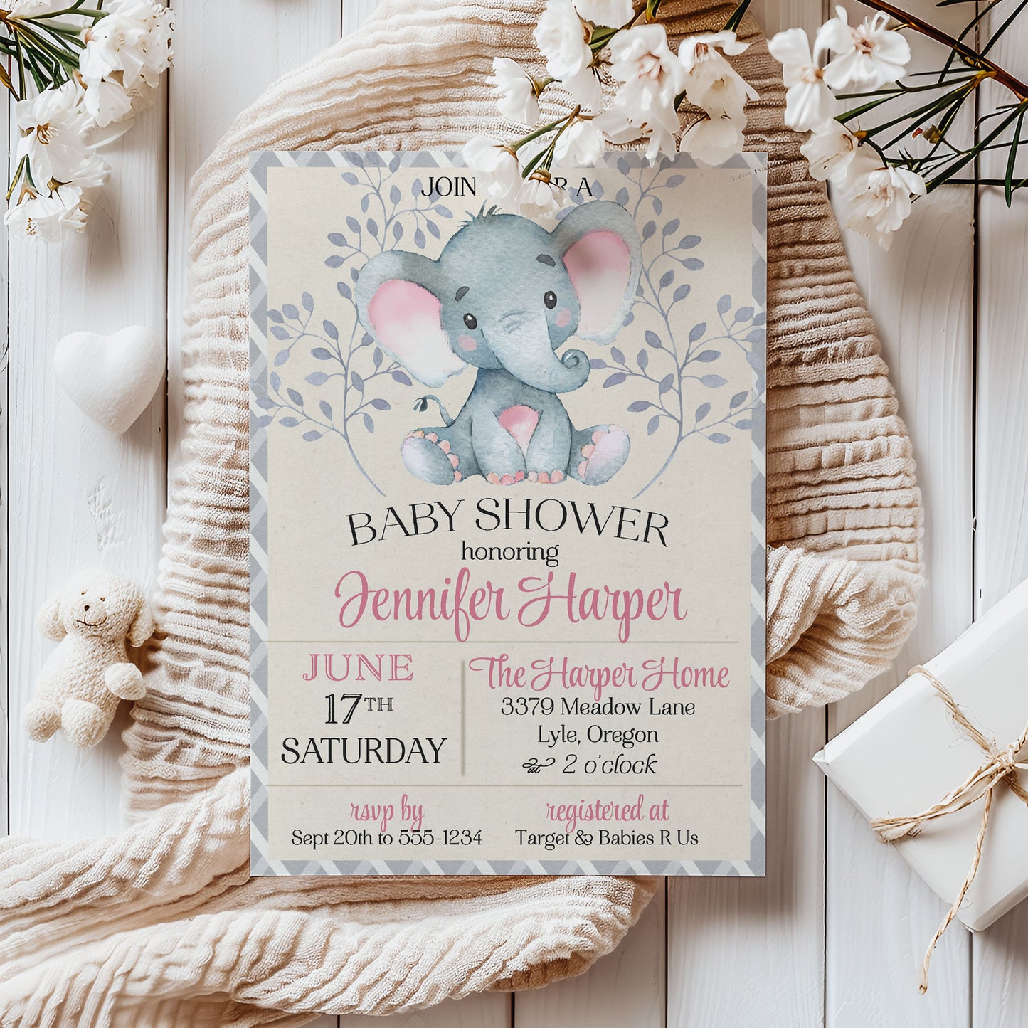 Pink Elephant Baby Shower Invitation