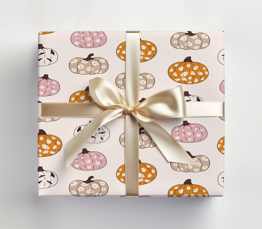 Halloween Pink and Orange Retro Pumpkins Wrapping Paper