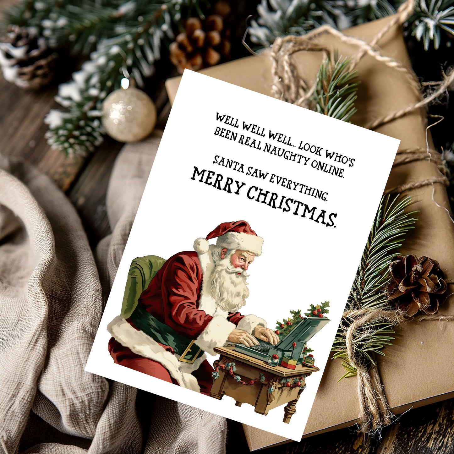 Christmas Adult Santa on Laptop Humor Greeting Card