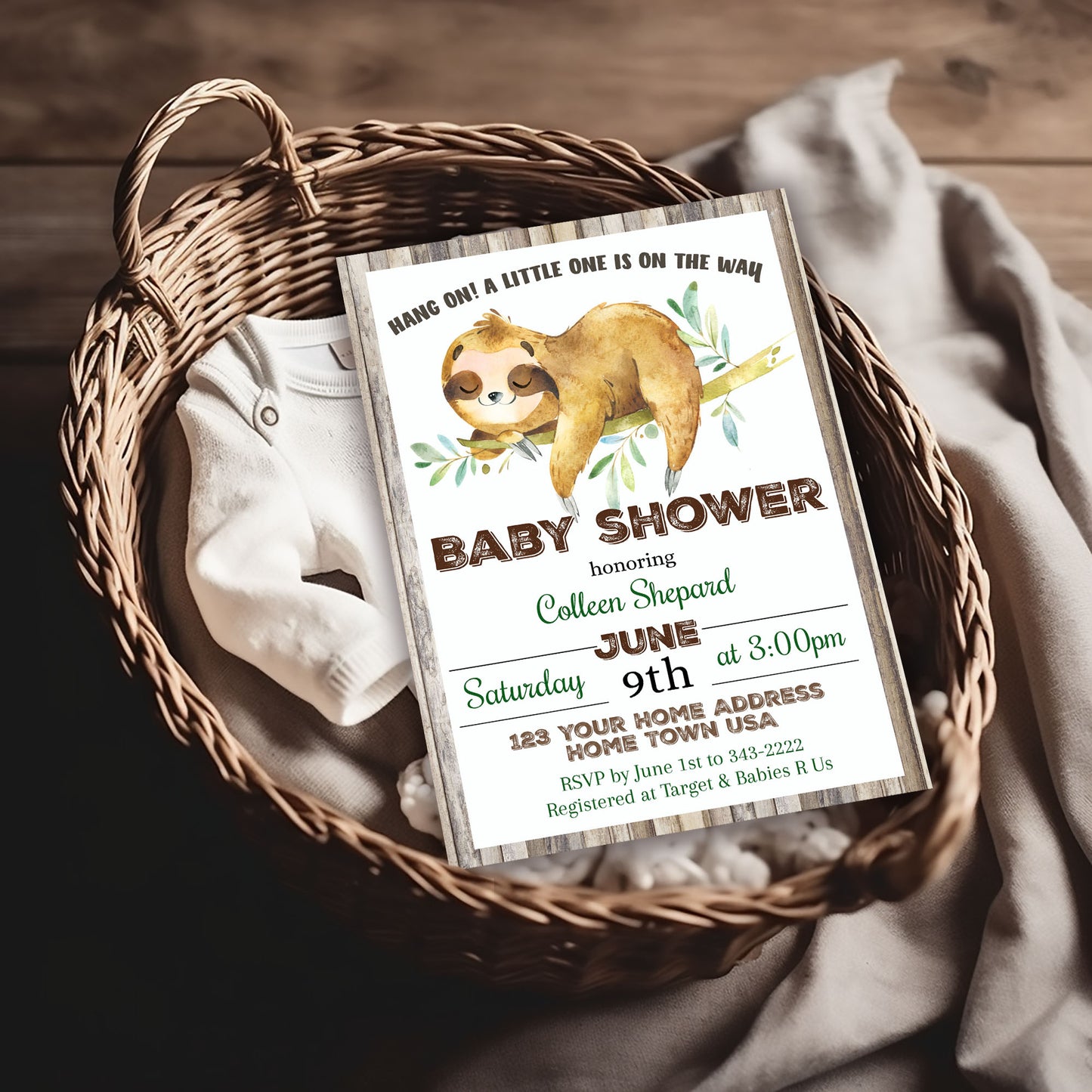 Sleeping Sloth Baby Shower Invitation