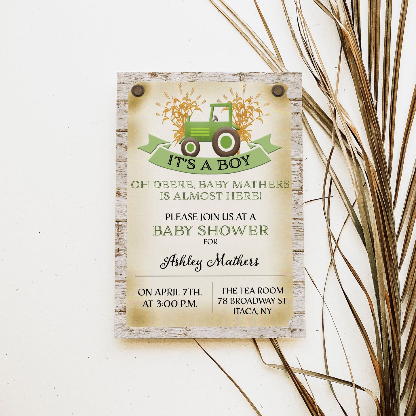 Green Tractor Farm Baby Shower Invitation