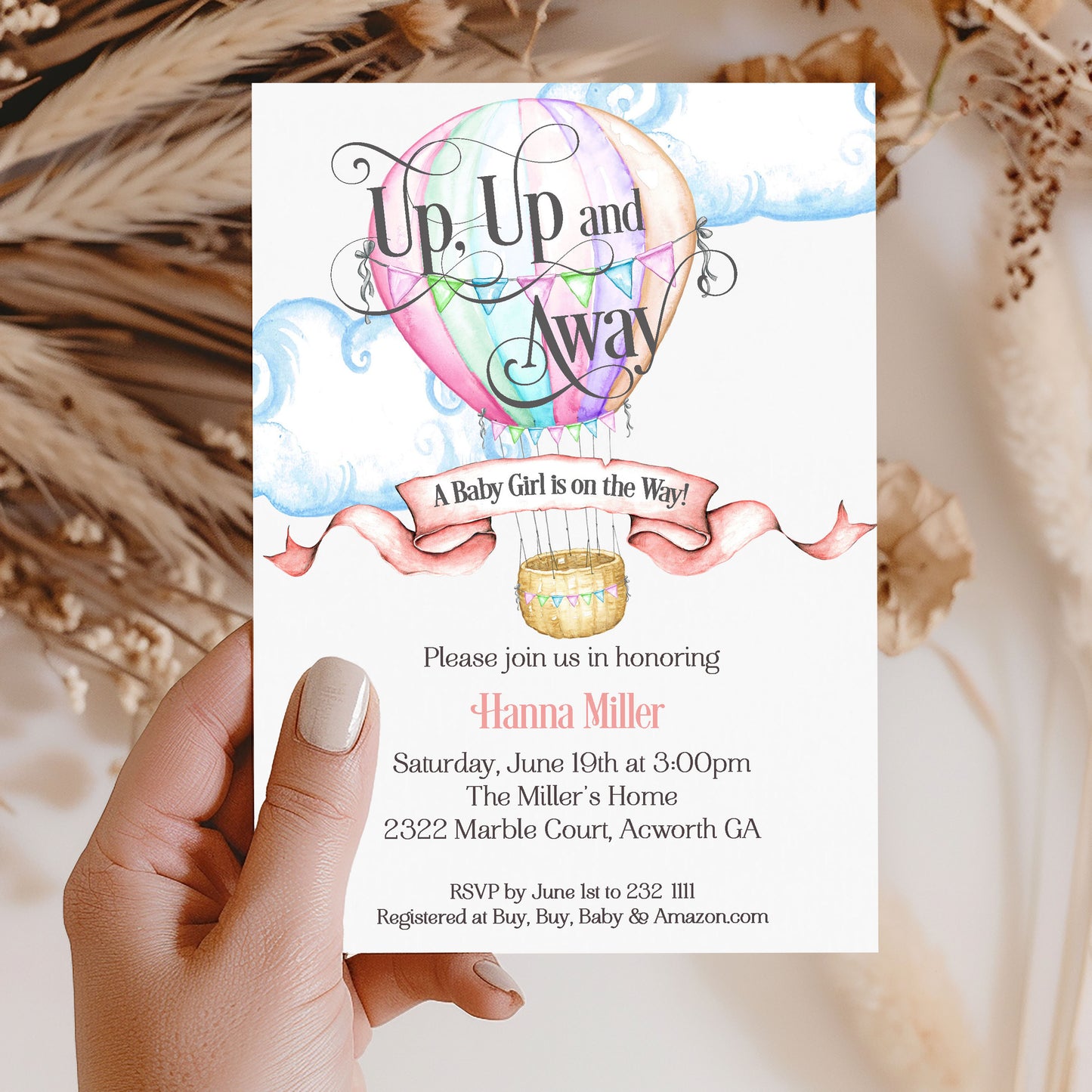Up, Up and Away Hot Air Balloon Baby Shower Invitation