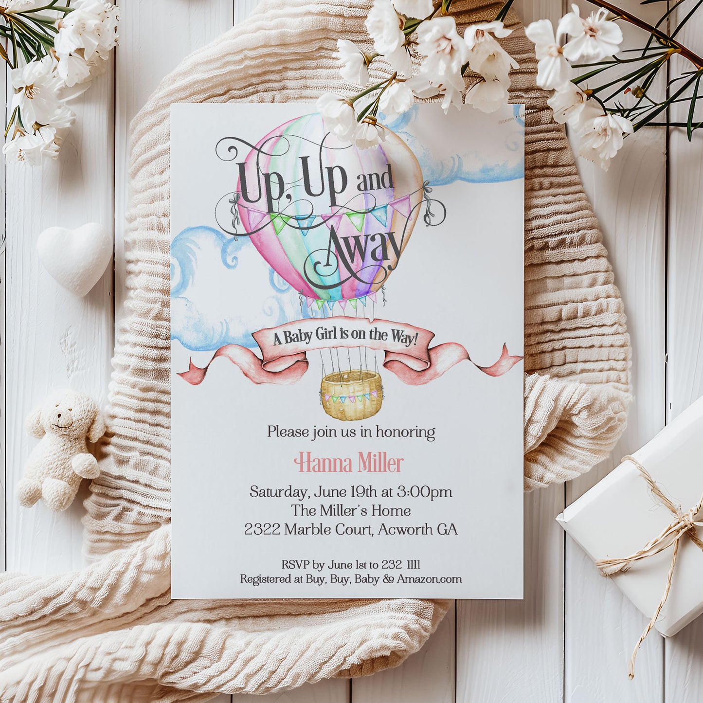 Up, Up and Away Hot Air Balloon Baby Shower Invitation