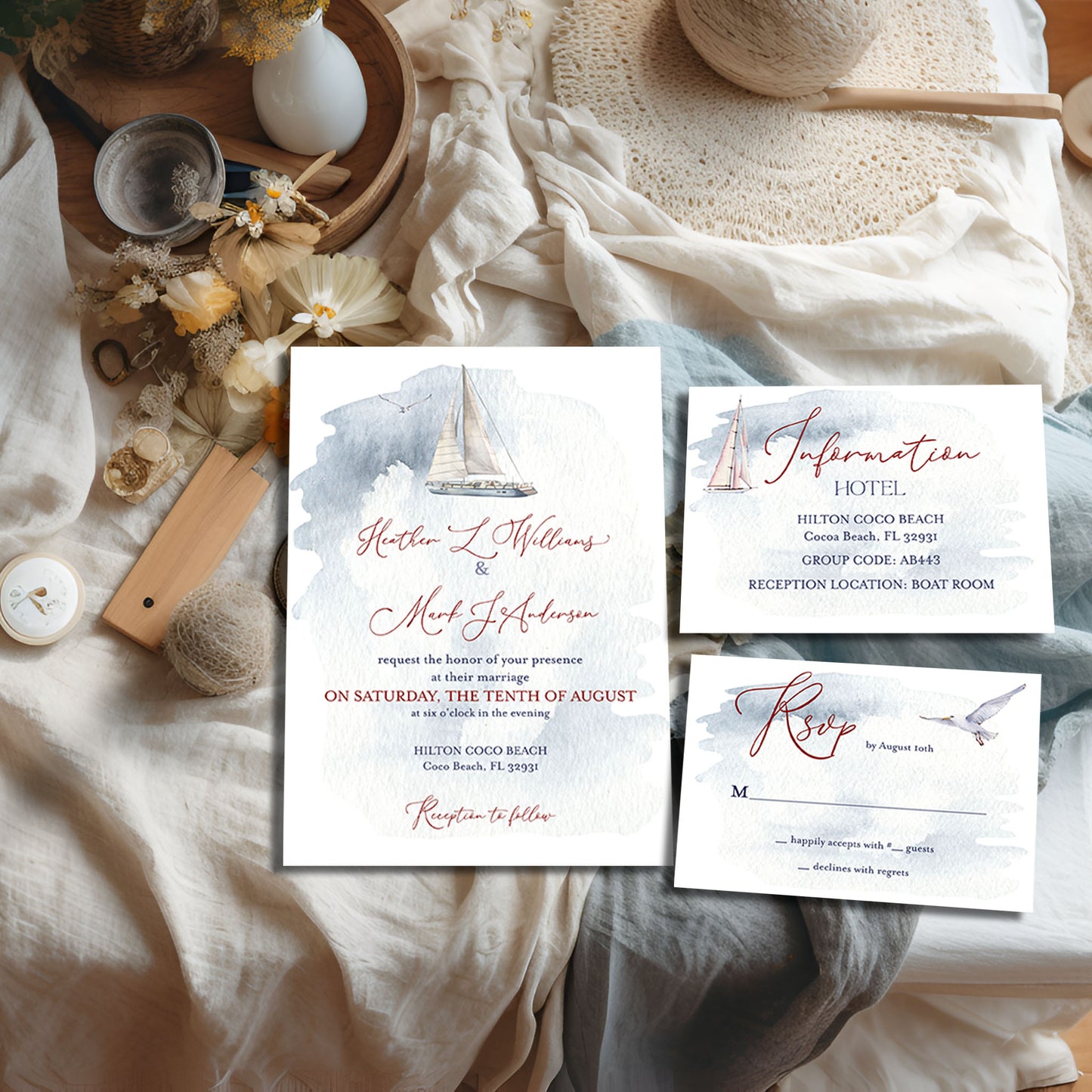 Watercolor Nautical SailBoat Wedding Invitation