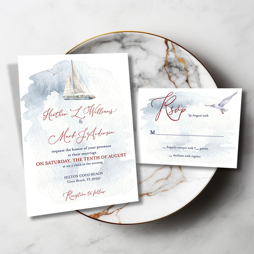 Watercolor Nautical SailBoat Wedding Invitation