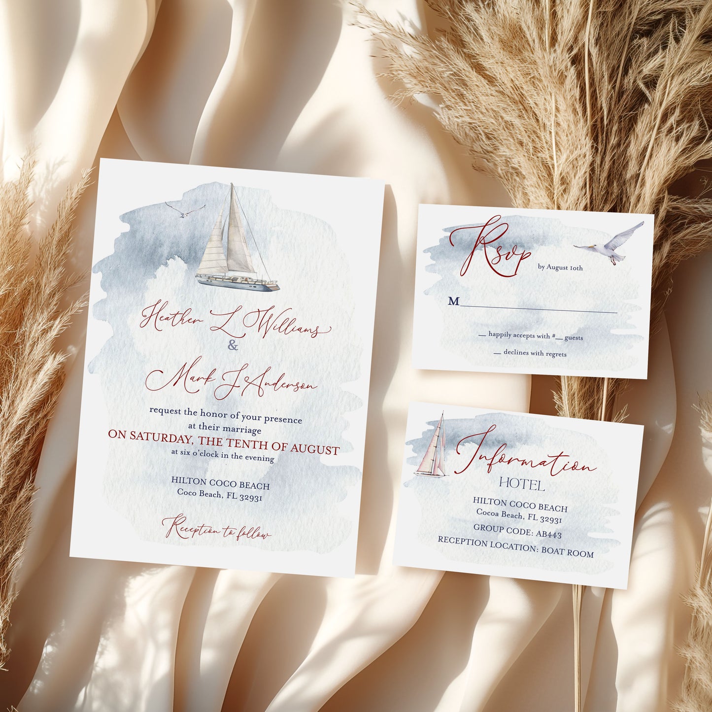 Watercolor Nautical SailBoat Wedding Invitation