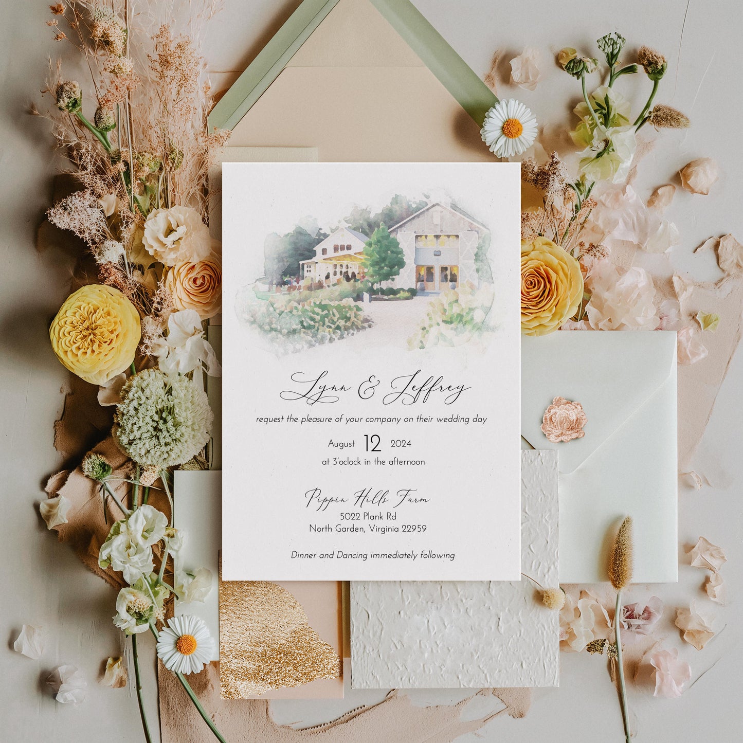 Watercolor Venue Wedding Invitation Suite