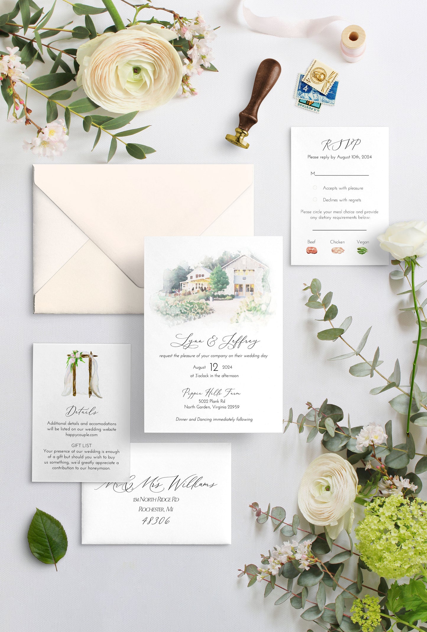 Watercolor Venue Wedding Invitation Suite