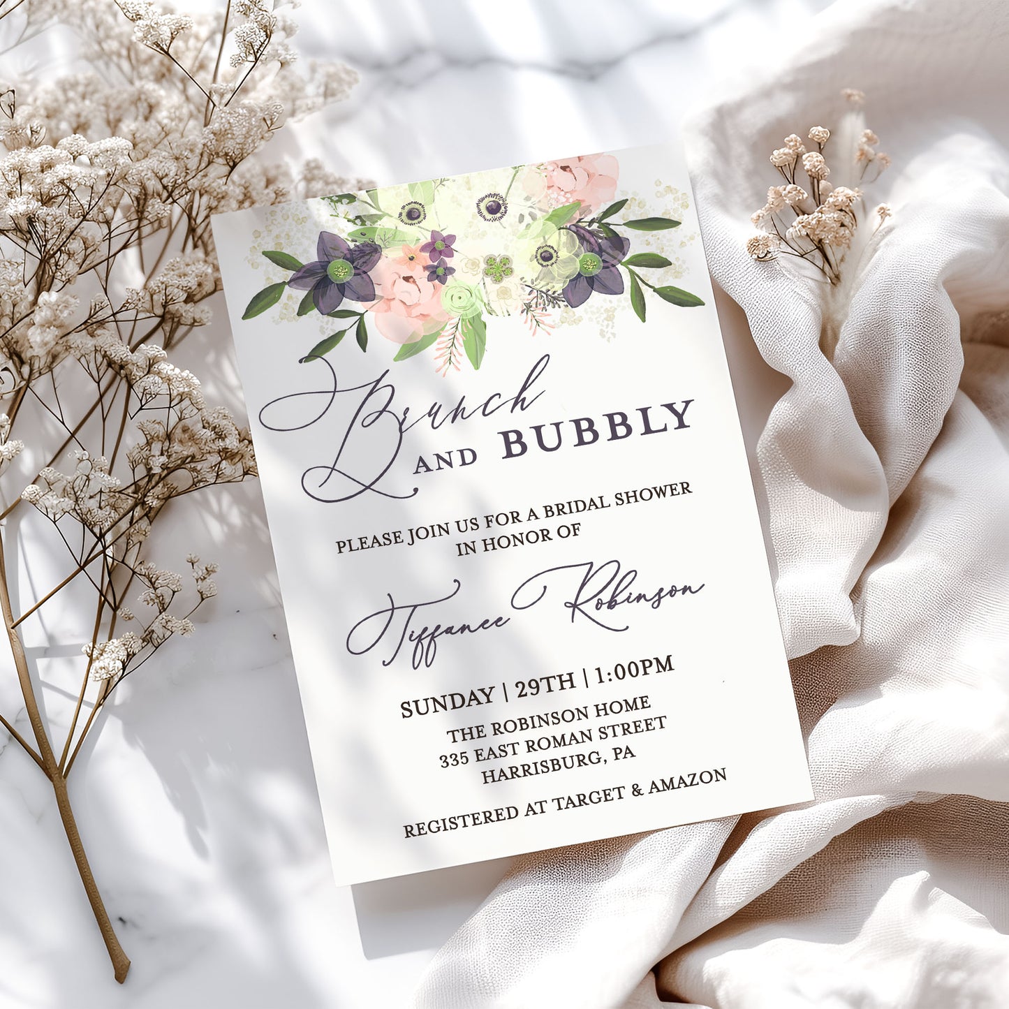 Brunch and Bubbly Watercolor Flowers Bridal Shower Invitation