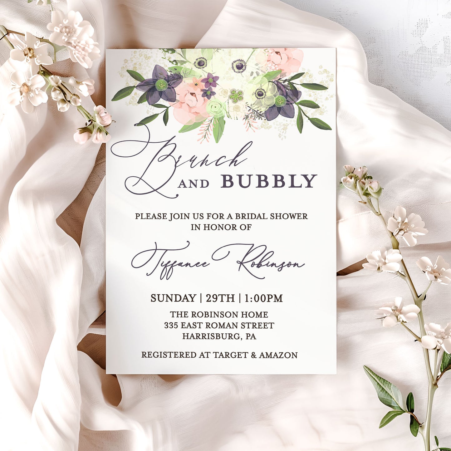 Brunch and Bubbly Watercolor Flowers Bridal Shower Invitation