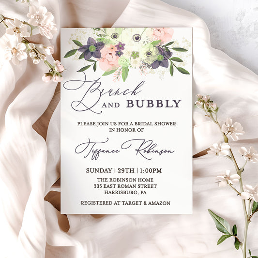 Brunch and Bubbly Watercolor Flowers Bridal Shower Invitation