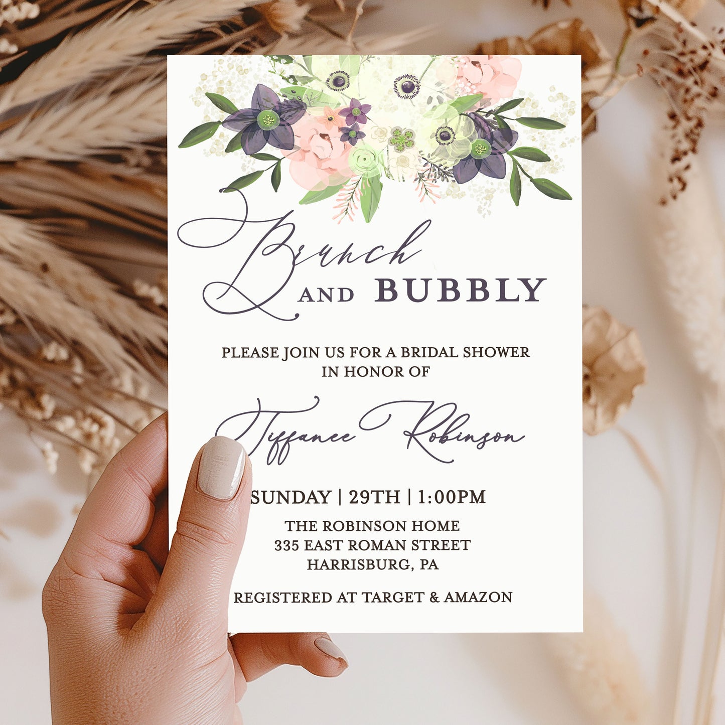 Brunch and Bubbly Watercolor Flowers Bridal Shower Invitation
