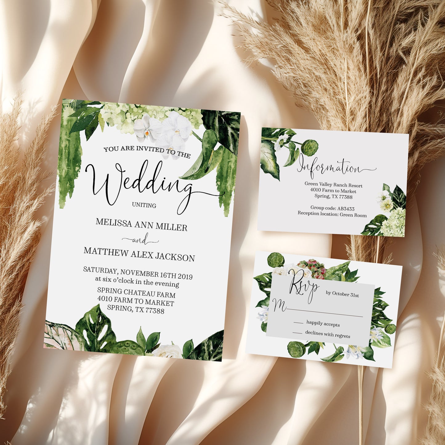 Elegant Watercolor Greenery Savannah Wedding Invitation