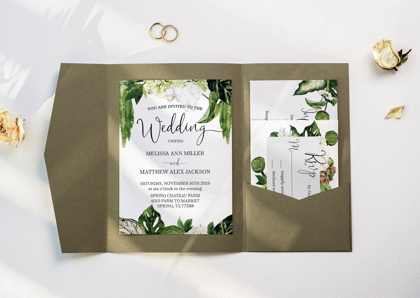 Elegant Watercolor Greenery Savannah Wedding Invitation