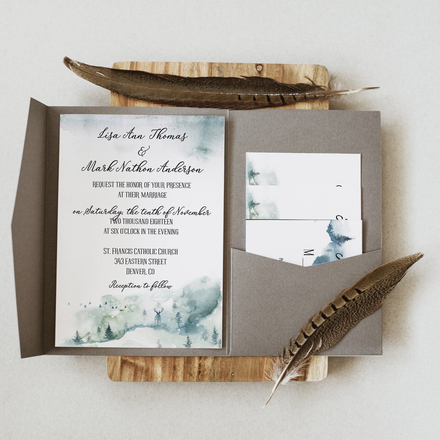 Watercolor Mountain Forest Wedding Invitation