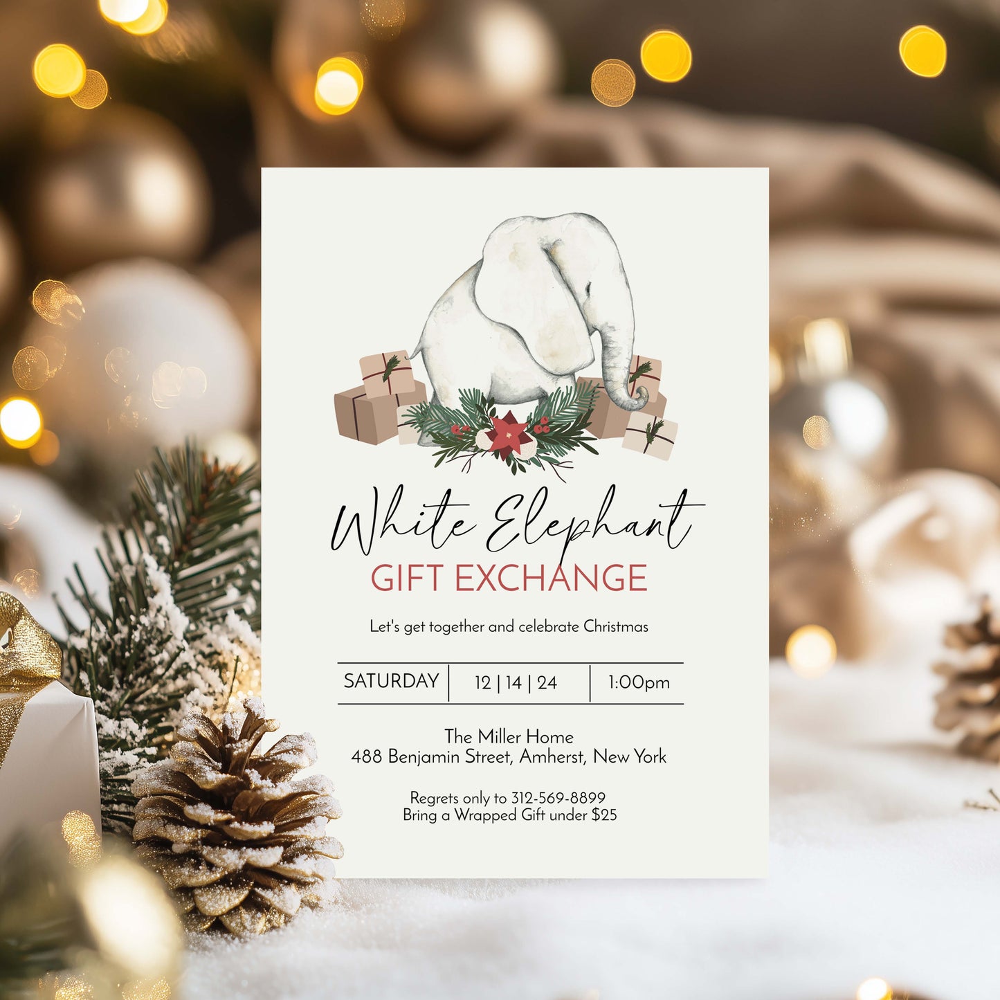 Fun White Elephant Christmas Invitation