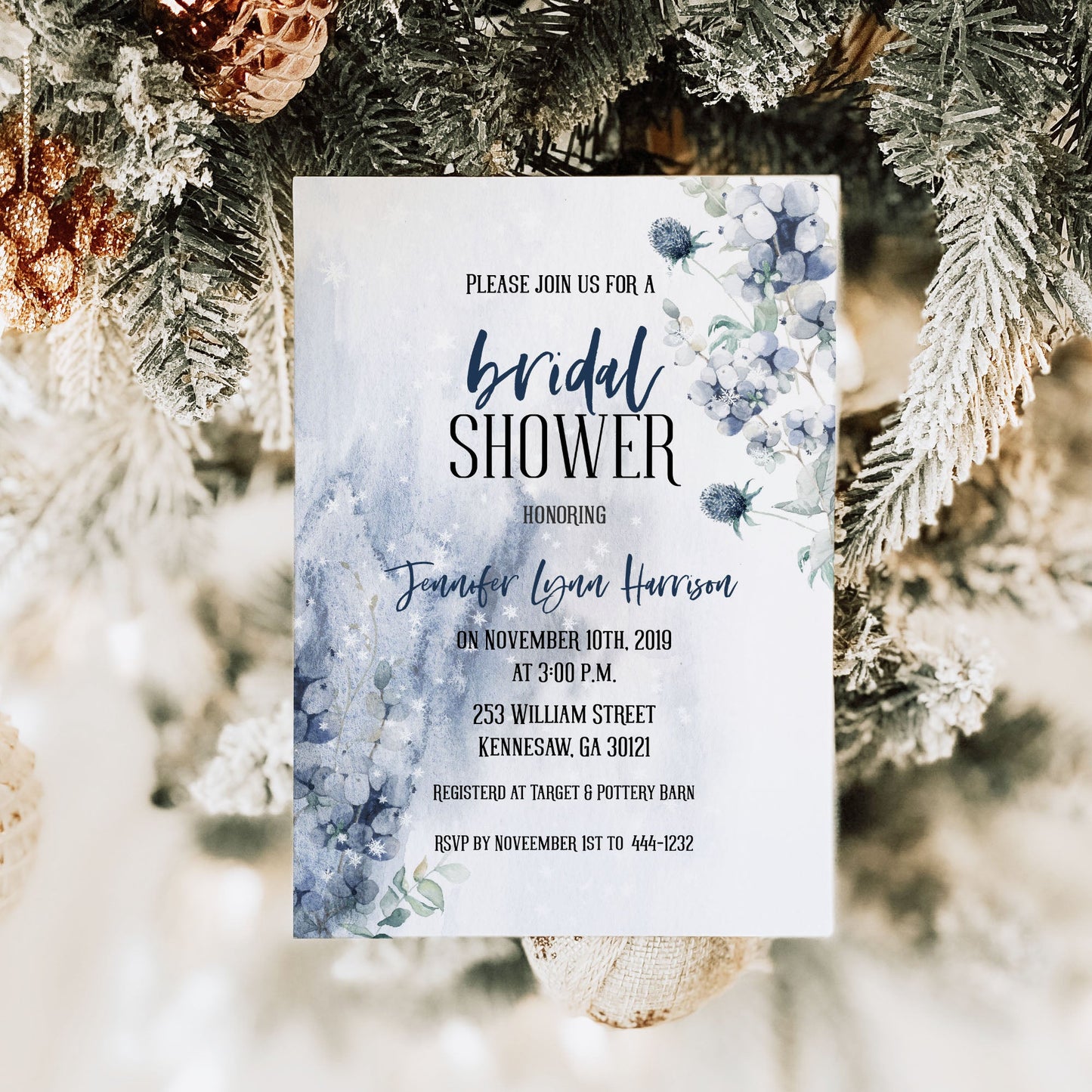 Blue Floral Winter Bridal Shower Invitation