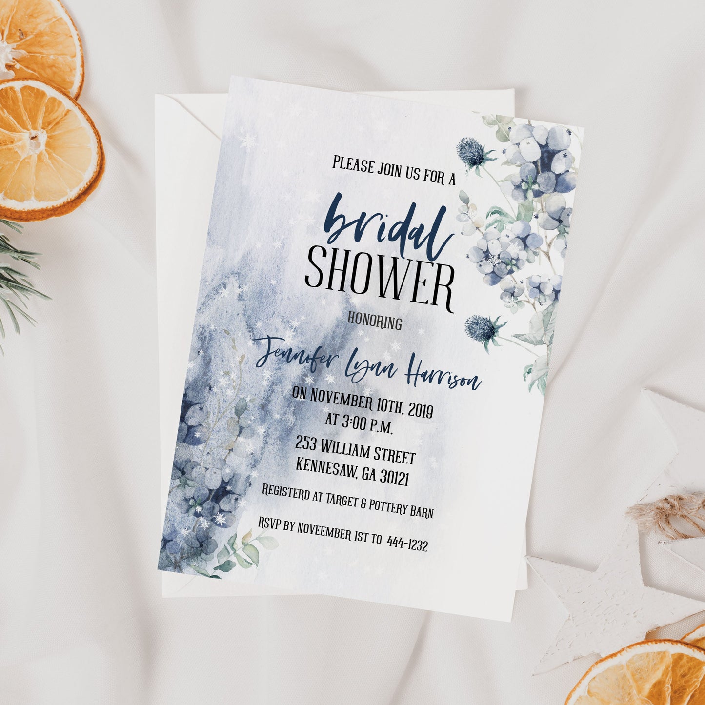 Blue Floral Winter Bridal Shower Invitation