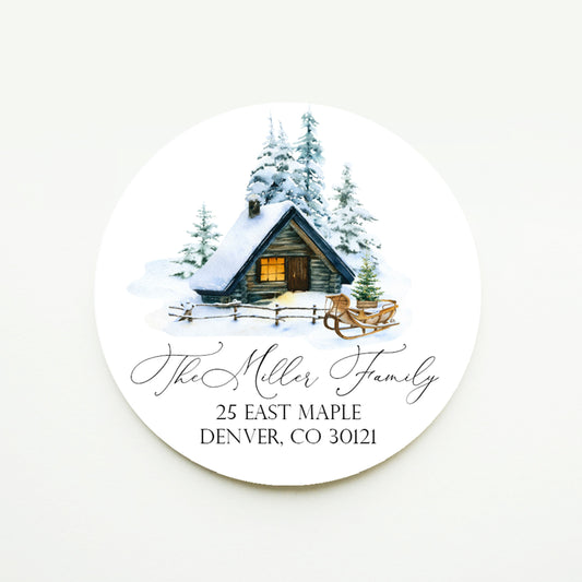 Winter Cabin in the Woods Christmas Return Address Sticker