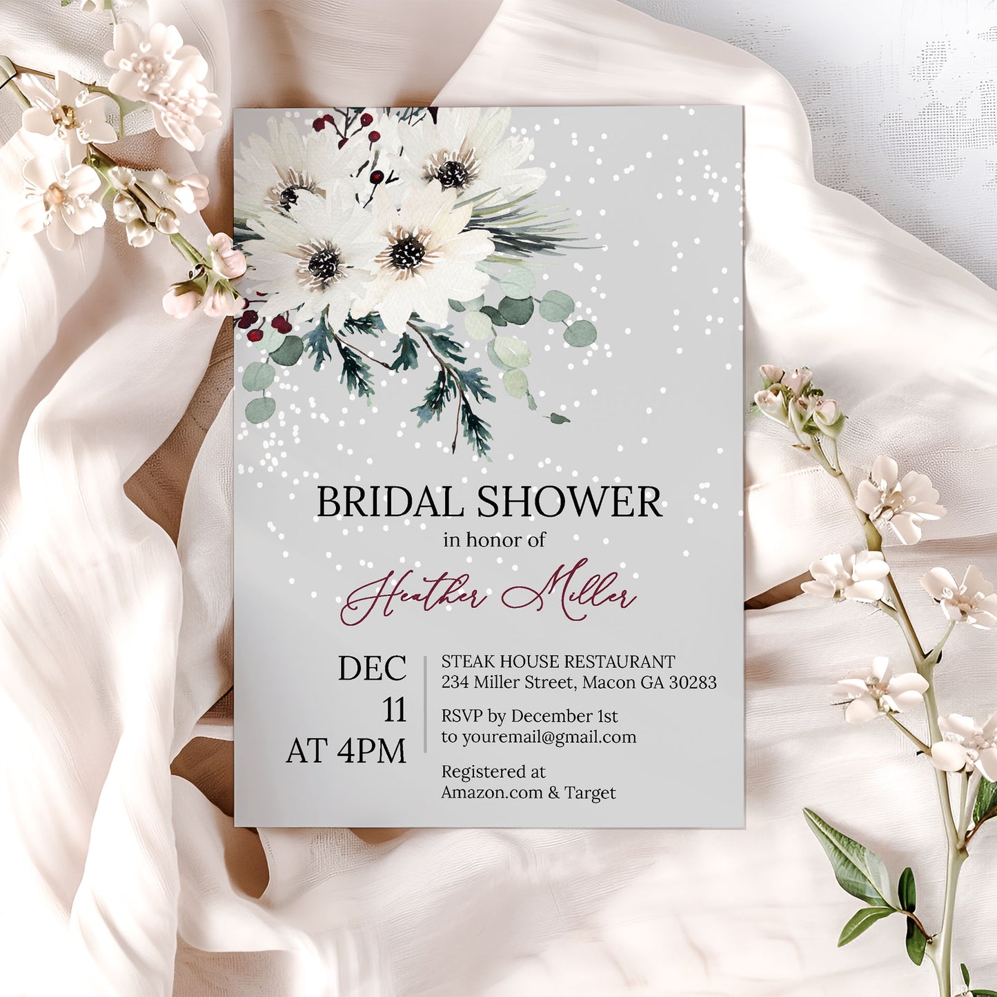 Holiday Floral Snow Bridal Shower Invitation