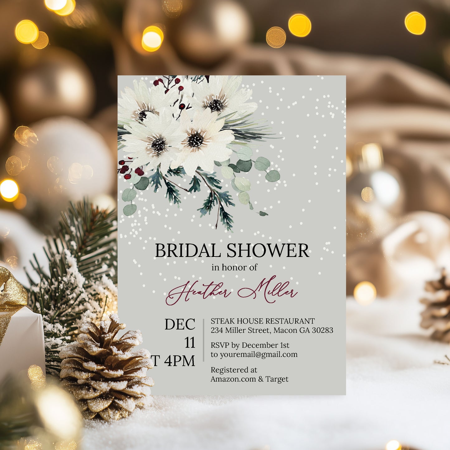 Holiday Floral Snow Bridal Shower Invitation