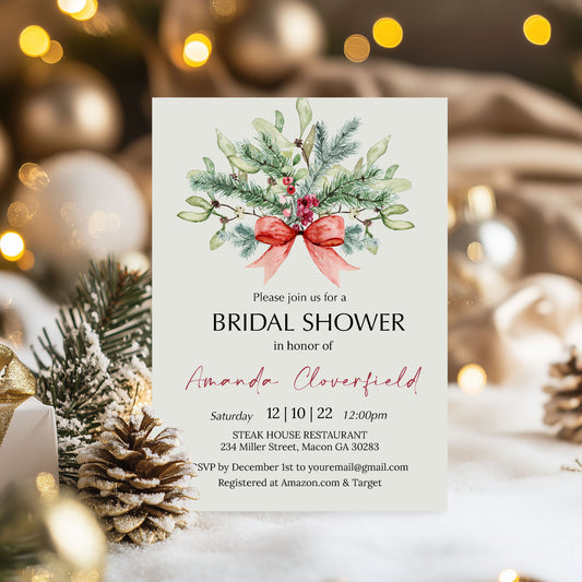 Christmas Red Bow Floral Bridal Shower Invitation