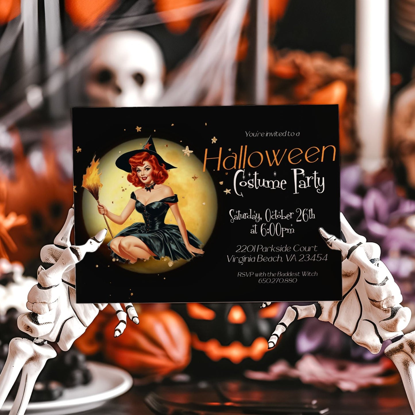Witch with Full Moon Halloween Invitation