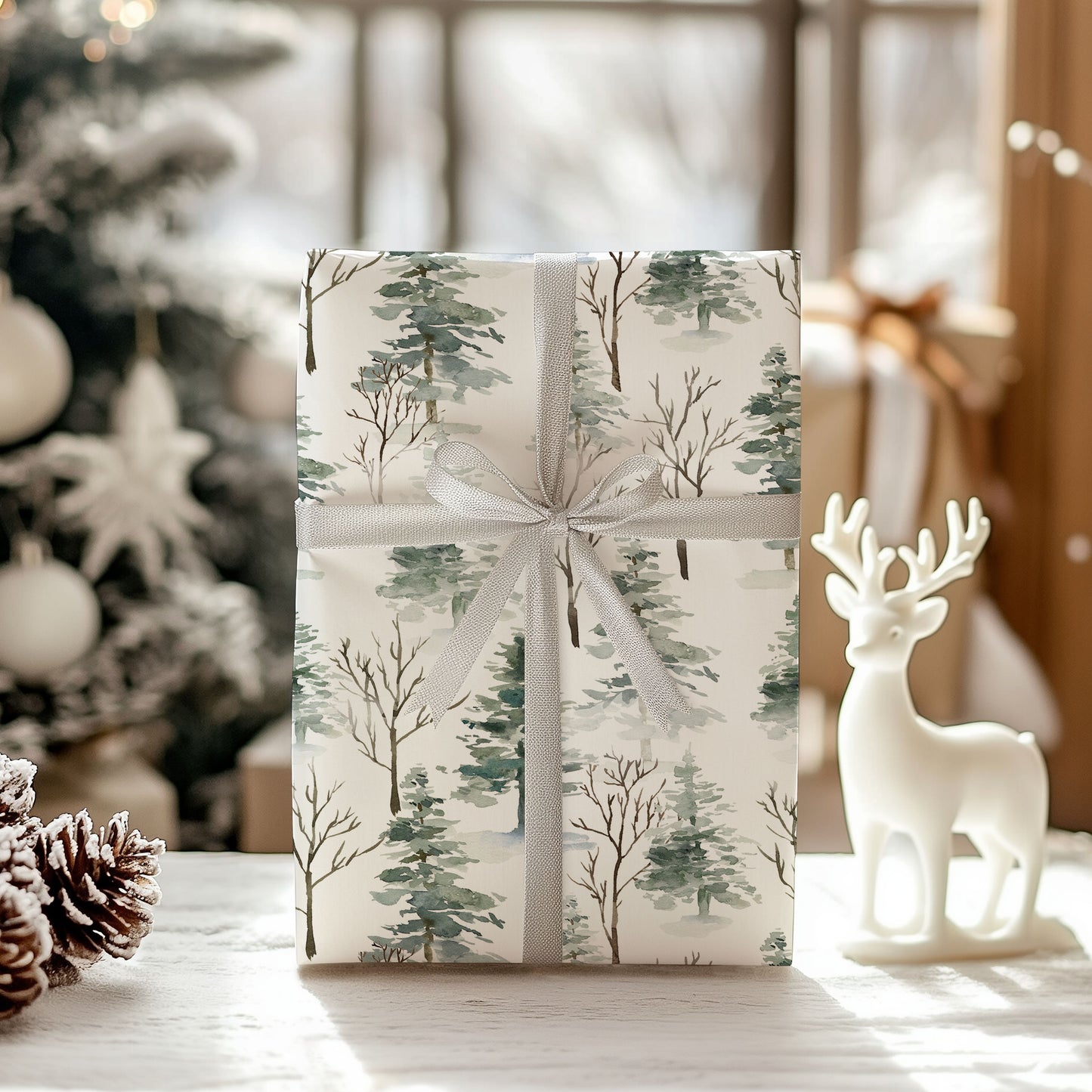 Woodland Watercolor Forest Christmas Trees Wrapping Paper
