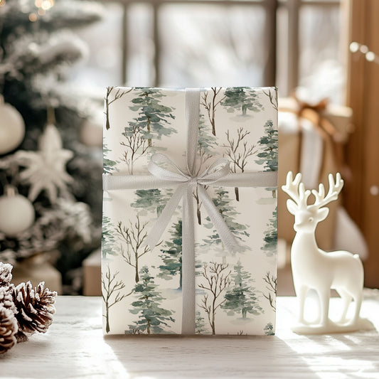 Woodland Watercolor Forest Christmas Trees Wrapping Paper