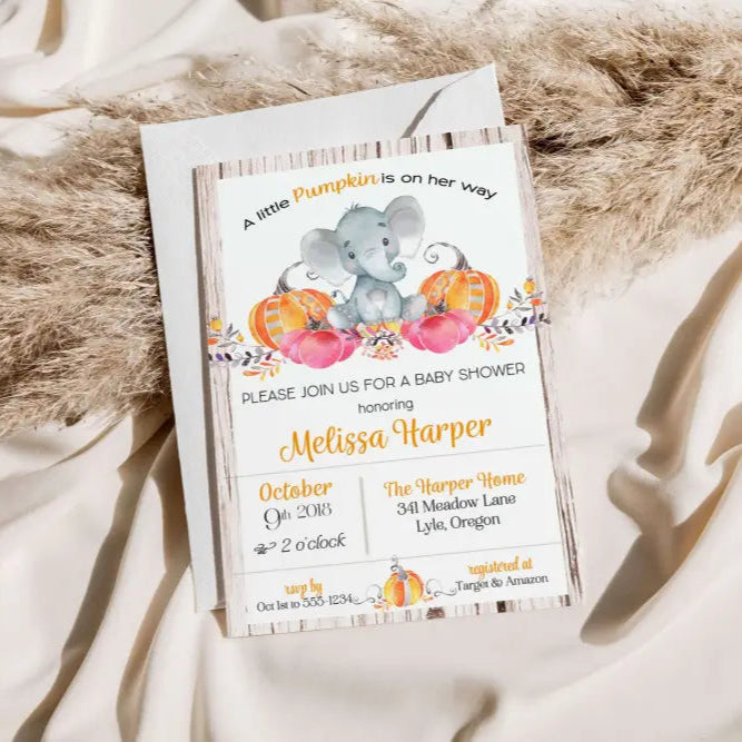 A little Pumpkin Elephant Baby Shower Invitation - Premium Paper & Party Supplies > Paper > Invitations & Announcements > Invitations from Sugar and Spice Invitations - Just $1.95! Shop now at Sugar and Spice Paper