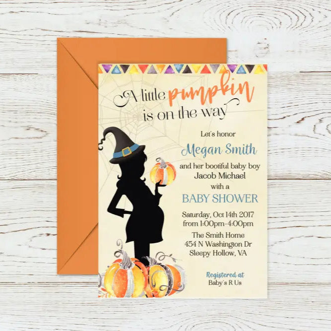 A little Pumpkin Halloween Witch Baby Shower Invitation - Premium Paper & Party Supplies > Paper > Invitations & Announcements > Invitations from Sugar and Spice Invitations - Just $1.95! Shop now at Sugar and Spice Paper