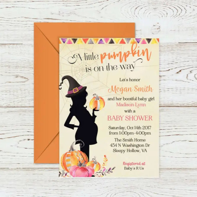 A little Pumpkin Halloween Witch Baby Shower Invitation - Premium Paper & Party Supplies > Paper > Invitations & Announcements > Invitations from Sugar and Spice Invitations - Just $1.95! Shop now at Sugar and Spice Paper