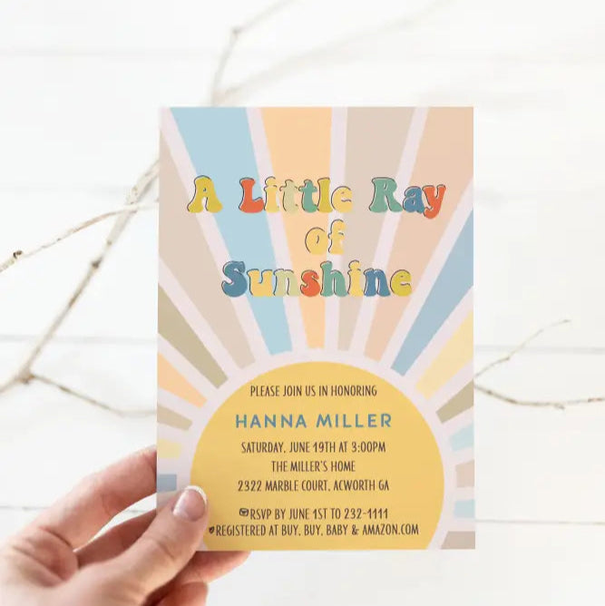 A Little Ray of Sunshine Groovy Baby Shower Invitation - Premium from Sugar and Spice Invitations - Just $1.95! Shop now at Sugar and Spice Paper