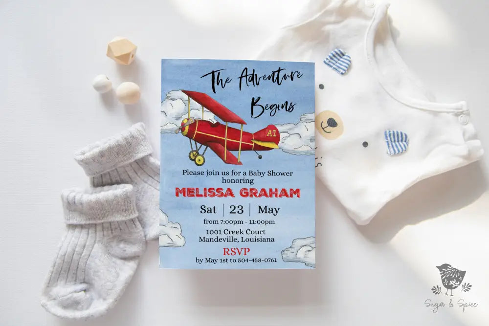 Adventure Begins Airplane Baby Shower Invitation - Premium from Sugar and Spice Invitations - Just $1.95! Shop now at Sugar and Spice Paper