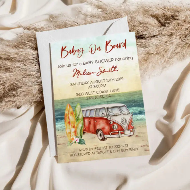 Baby on Board Red Surf Baby Shower Invitation - Premium from Sugar and Spice Invitations - Just $1.95! Shop now at Sugar and Spice Paper