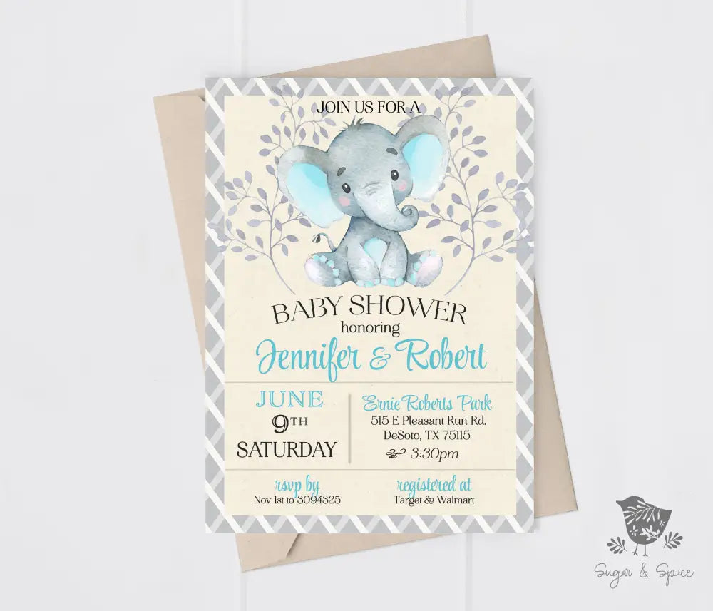 Blue Elephant Baby Shower Invitation - Premium from Sugar and Spice Invitations - Just $1.95! Shop now at Sugar and Spice Paper