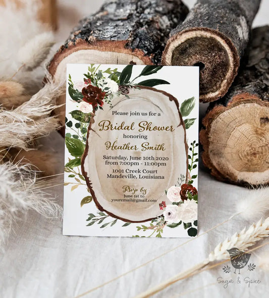 Boho Wood Slice Bridal Shower Invitation - Premium  from Sugar and Spice Invitations - Just $1.95! Shop now at Sugar and Spice Paper