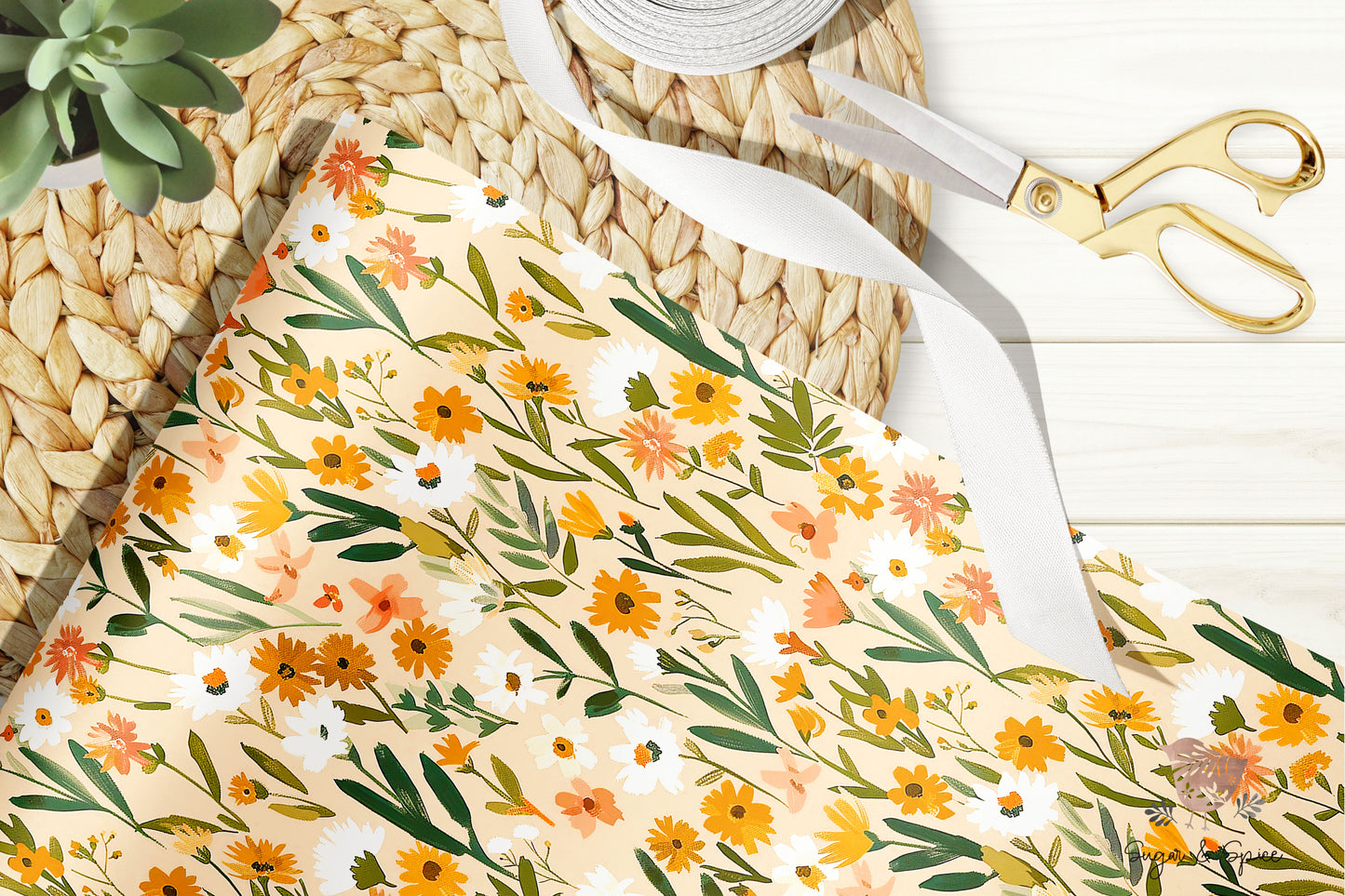 Boho Orange Floral Wrapping Paper