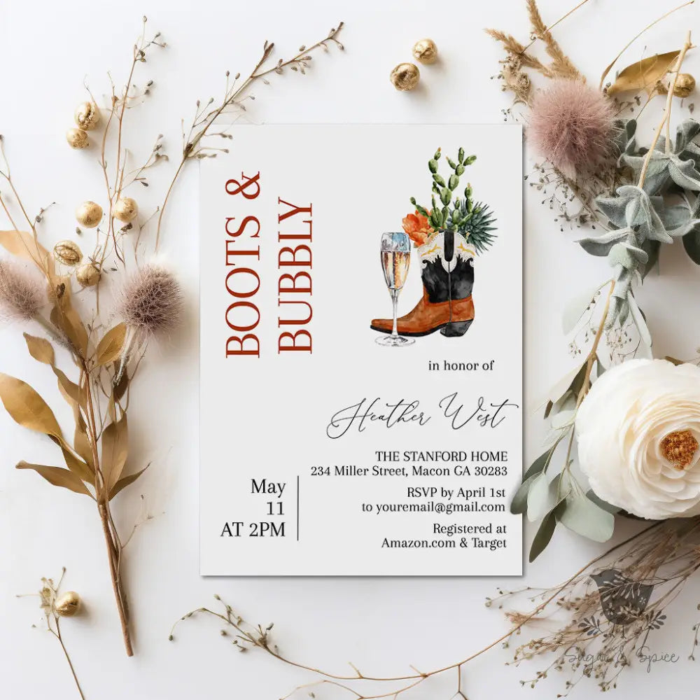Boots and Bubbly Champange Western Bridal Shower Invitation - Premium  from Sugar and Spice Invitations - Just $1.95! Shop now at Sugar and Spice Paper