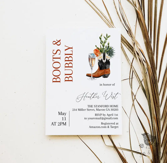Boots and Bubbly Champange Western Bridal Shower Invitation - Premium  from Sugar and Spice Invitations - Just $1.95! Shop now at Sugar and Spice Paper