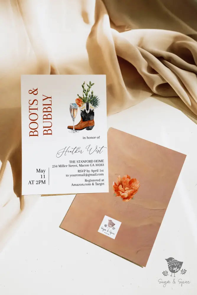 Boots and Bubbly Champange Western Bridal Shower Invitation - Premium  from Sugar and Spice Invitations - Just $1.95! Shop now at Sugar and Spice Paper