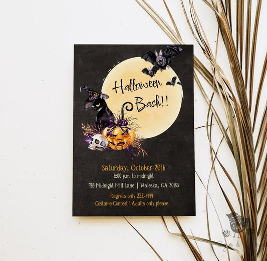 Cat and Moon Halloween Invitation - Premium Digital File from Sugar and Spice Invitations - Just $2.10! Shop now at Sugar and Spice Paper