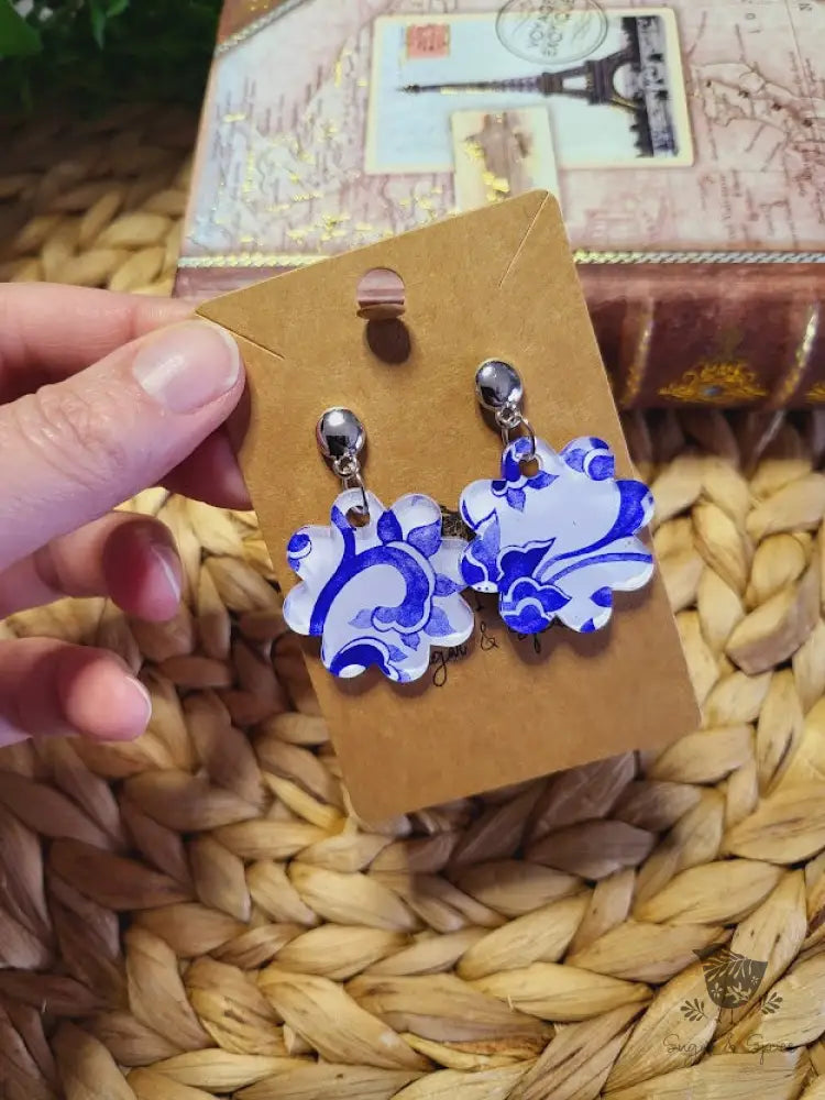 China Blue Flower Acrylic Silver Earrings - Premium  from Sugar and Spice Invitations - Just $11.25! Shop now at Sugar and Spice Paper