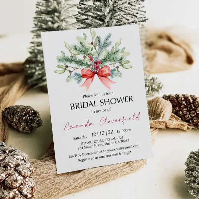 Christmas Red Bow Floral Bridal Shower Invitation - Premium  from Sugar and Spice Invitations - Just $1.95! Shop now at Sugar and Spice Paper