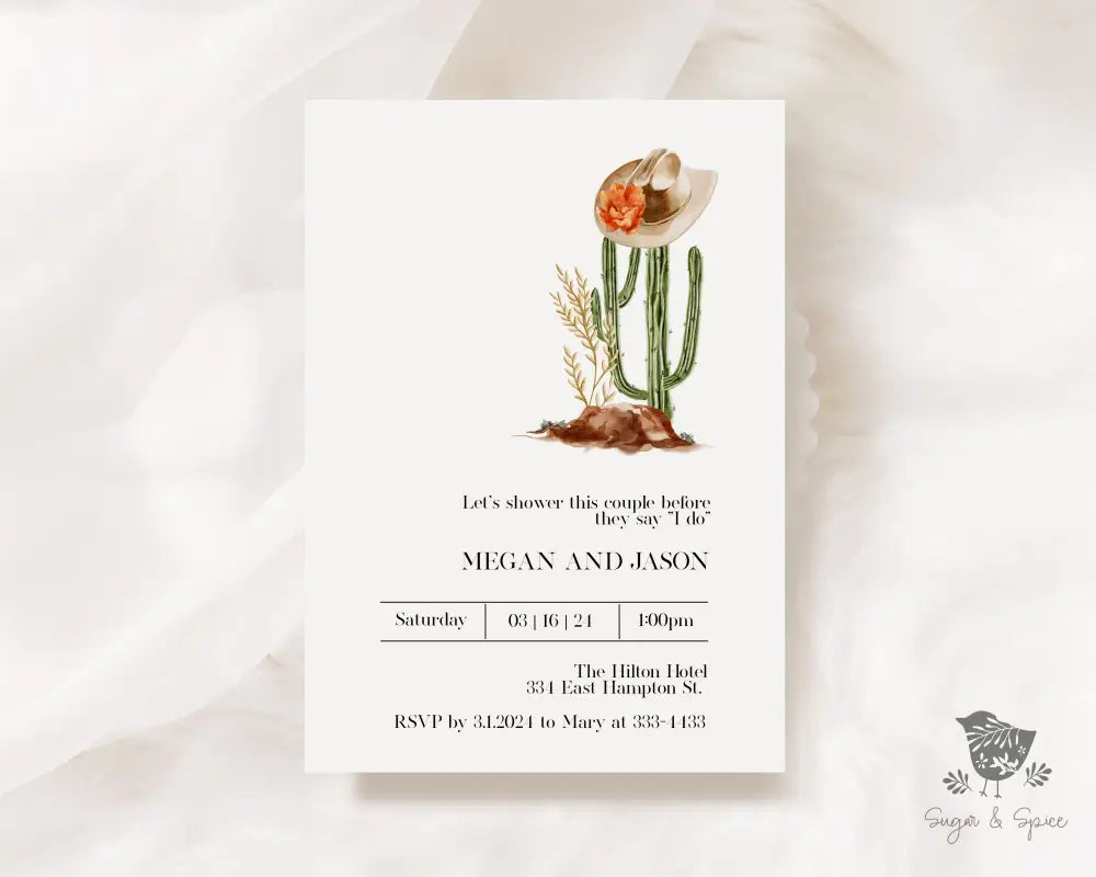 Country Western Cactus Bridal Shower Invitation - Premium  from Sugar and Spice Invitations - Just $1.95! Shop now at Sugar and Spice Paper