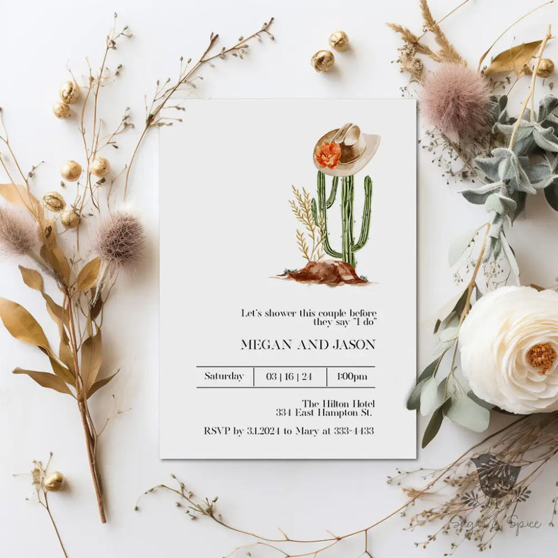 Country Western Cactus Bridal Shower Invitation - Premium  from Sugar and Spice Invitations - Just $1.95! Shop now at Sugar and Spice Paper