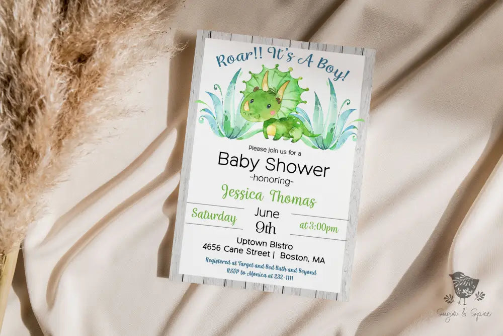 Dinosaur Baby Shower Invitation - Premium from Sugar and Spice Invitations - Just $1.95! Shop now at Sugar and Spice Paper