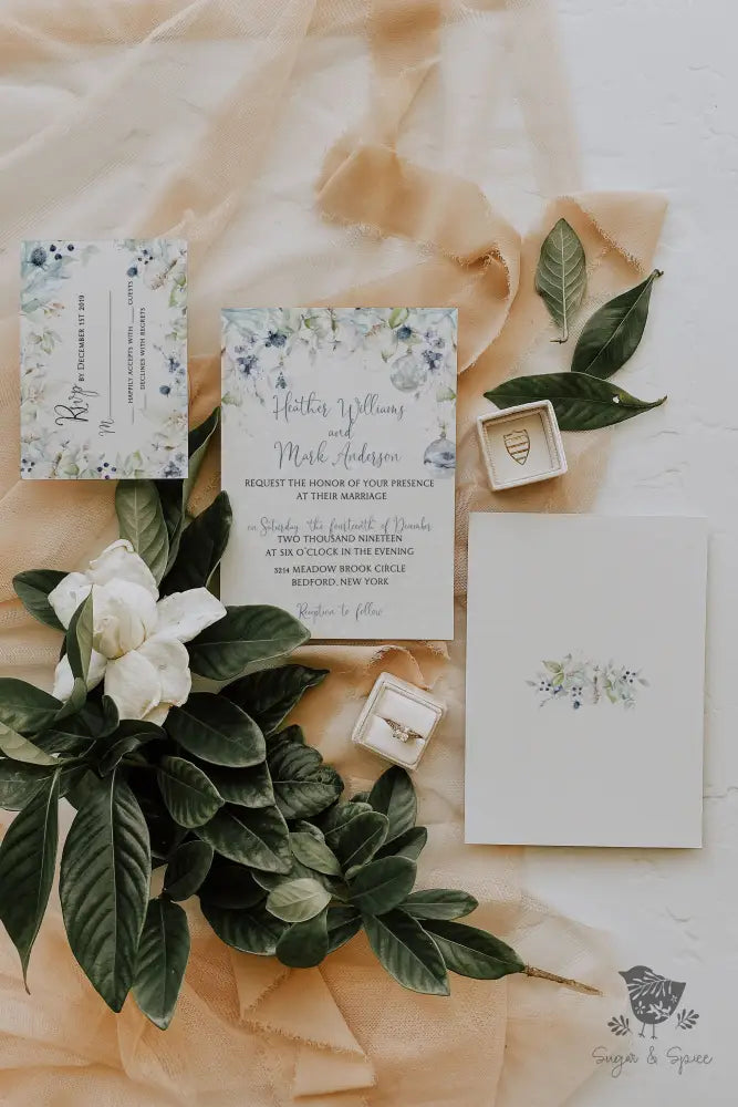 Elegant Blue Floral Winter Wedding Invitation - Premium Paper & Party Supplies > Paper > Invitations & Announcements > Invitations from Sugar and Spice Invitations - Just $2.15! Shop now at Sugar and Spice Paper